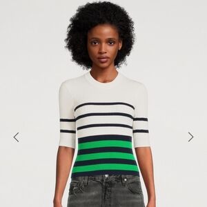 LG Frame Cotton Sweater Blend Navy and Green Striped Crew Neck Rib